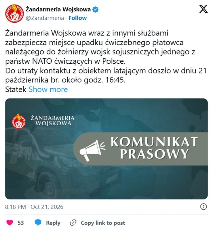 Сообщается, что норвежский беспилотник упал в польской деревне Виджа после потери связи; место происшествия охраняют военные службы